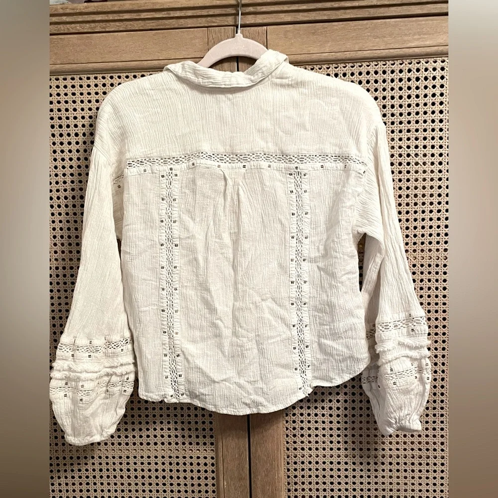 Free People Embroidered Summer Stars Ranch Style Button-Up Ivory Gauze Top XS